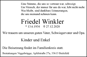 Traueranzeige von Friedel Winkler von Neue Westfälische