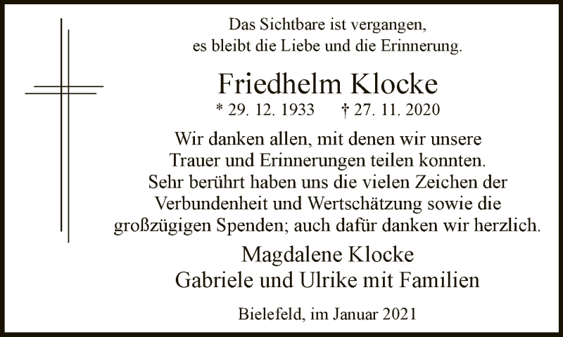  Traueranzeige für Friedhelm Klocke vom 15.01.2021 aus Neue Westfälische