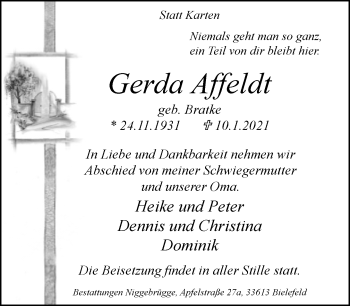 Traueranzeige von Gerda Affeldt von Neue Westfälische