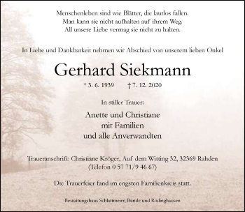 Traueranzeige von Gerhard Siekmann von Neue Westfälische