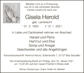 Traueranzeige von Gisela Herold von Neue Westfälische