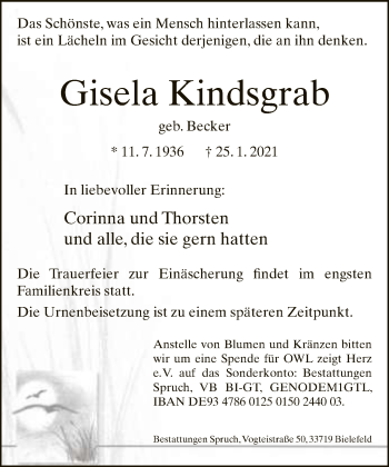 Traueranzeige von Gisela Kindsgrab von Neue Westfälische