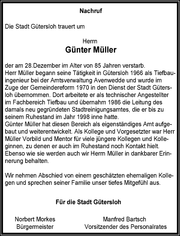  Traueranzeige für Günter Müller vom 09.01.2021 aus Neue Westfälische