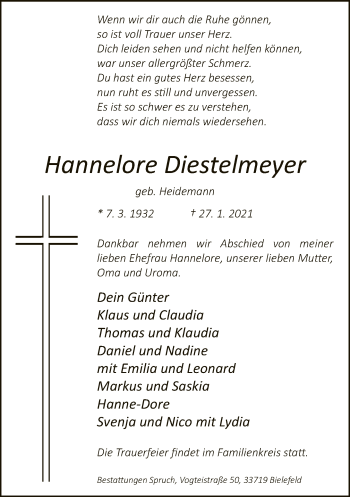 Traueranzeige von Hannelore Diestelmeyer von Neue Westfälische
