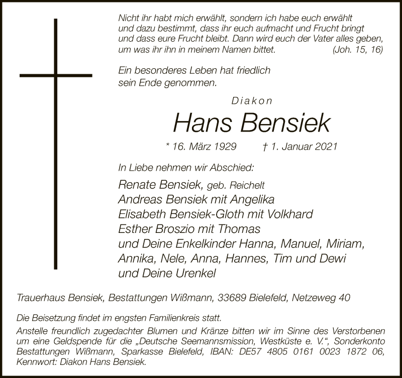  Traueranzeige für Hans Bensiek vom 09.01.2021 aus Neue Westfälische