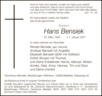 Traueranzeige von Hans Bensiek von Neue Westfälische