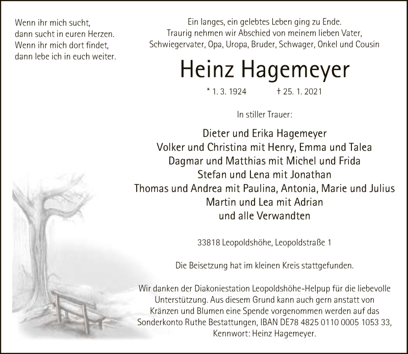  Traueranzeige für Heinz Hagemeyer vom 30.01.2021 aus Neue Westfälische