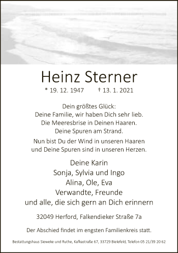 Traueranzeige von Heinz Sterner von Neue Westfälische