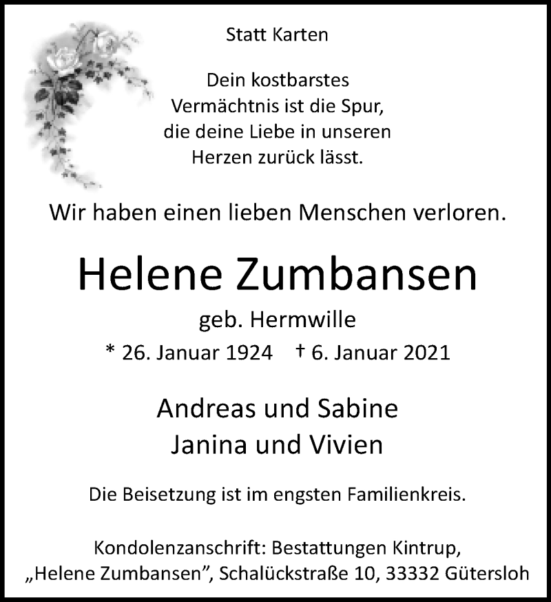  Traueranzeige für Helene Zumbansen vom 12.01.2021 aus Neue Westfälische
