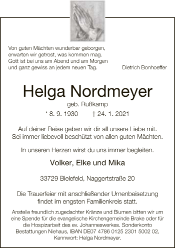 Traueranzeige von Helga Nordmeyer von Neue Westfälische