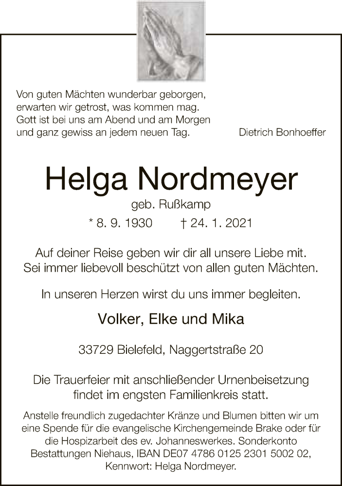  Traueranzeige für Helga Nordmeyer vom 30.01.2021 aus Neue Westfälische