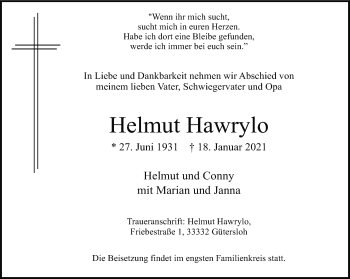 Traueranzeige von Helmut Hawrylo von Neue Westfälische