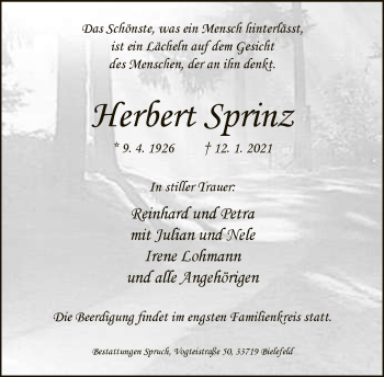 Traueranzeige von Herbert Sprinz von Neue Westfälische