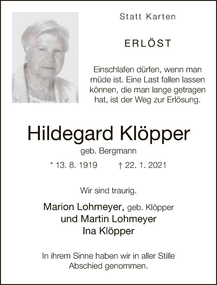  Traueranzeige für Hildegard Klöpper vom 30.01.2021 aus Neue Westfälische