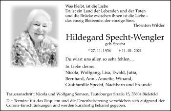 Traueranzeige von Hildegard Specht-Wengler von Neue Westfälische
