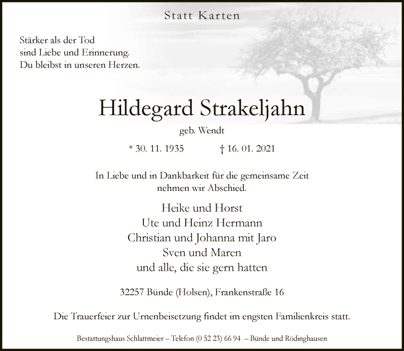  Traueranzeige für Hildegard Strakeljan vom 23.01.2021 aus Neue Westfälische