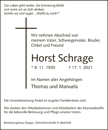 Traueranzeige von Horst Schrage von Neue Westfälische