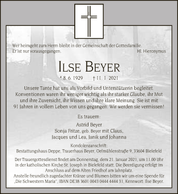 Traueranzeige von Ilse Beyer von Neue Westfälische
