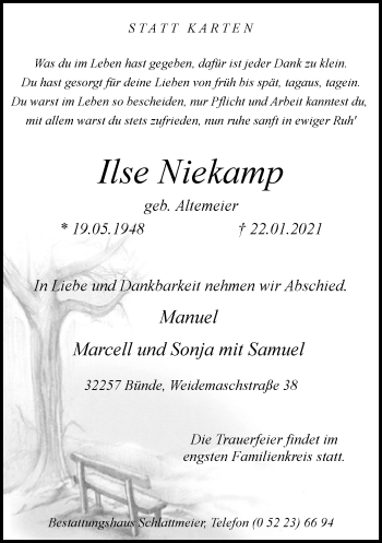Traueranzeige von Ilse Niekamp von Neue Westfälische