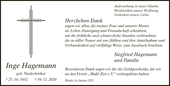 Traueranzeige von Inge Hagemann von Neue Westfälische