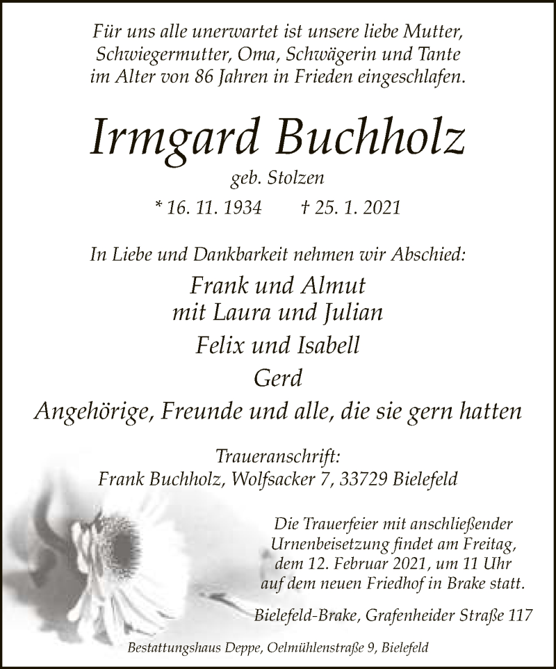  Traueranzeige für Irmgard Buchholz vom 30.01.2021 aus Neue Westfälische