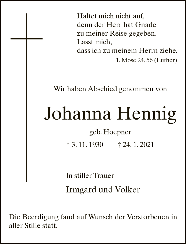  Traueranzeige für Johanna Hennig vom 30.01.2021 aus Neue Westfälische