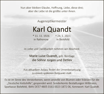 Traueranzeige von Karl Quandt von Neue Westfälische