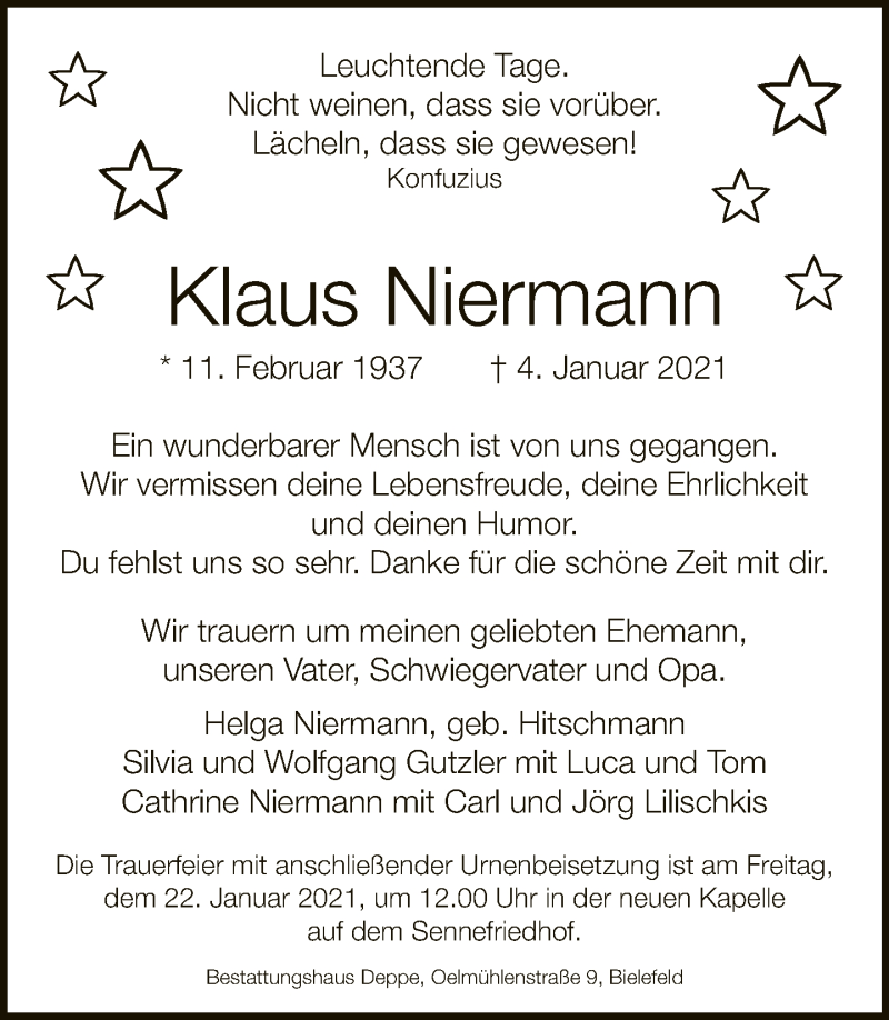  Traueranzeige für Klaus Niermann vom 16.01.2021 aus Neue Westfälische