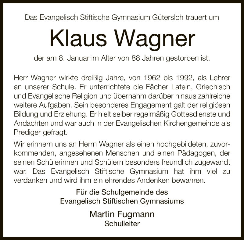  Traueranzeige für Klaus Wagner vom 16.01.2021 aus Neue Westfälische