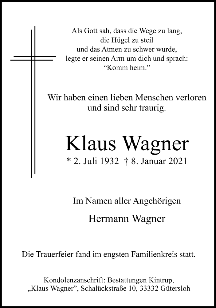  Traueranzeige für Klaus Wagner vom 15.01.2021 aus Neue Westfälische