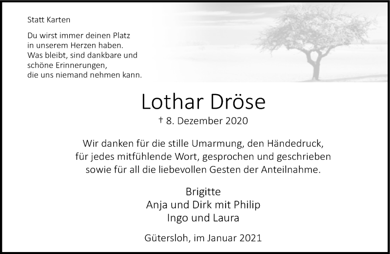  Traueranzeige für Lothar Dröse vom 23.01.2021 aus Neue Westfälische