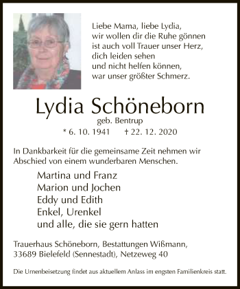 Traueranzeige von Lydia Schöneborn von Neue Westfälische