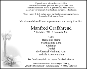 Traueranzeige von Manfred Grafahrend von Neue Westfälische