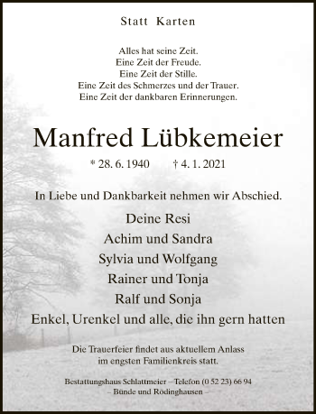 Traueranzeige von Manfred Lübkemeier von Neue Westfälische