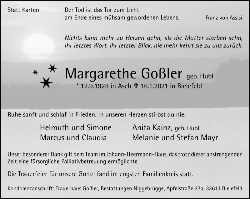  Traueranzeige für Margarethe Goßler vom 23.01.2021 aus Neue Westfälische