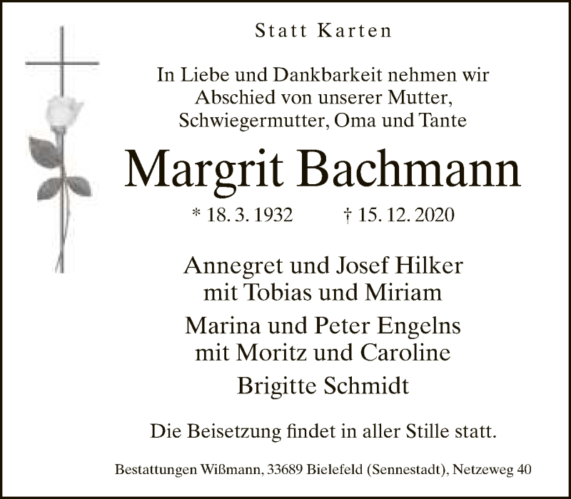  Traueranzeige für Margrit Bachmann vom 09.01.2021 aus Neue Westfälische