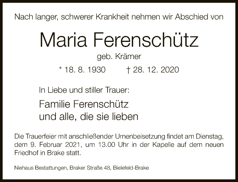  Traueranzeige für Maria Ferenschütz vom 09.01.2021 aus Neue Westfälische