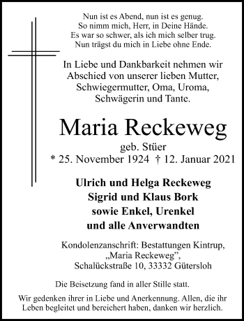 Traueranzeige von Maria Reckeweg von Neue Westfälische