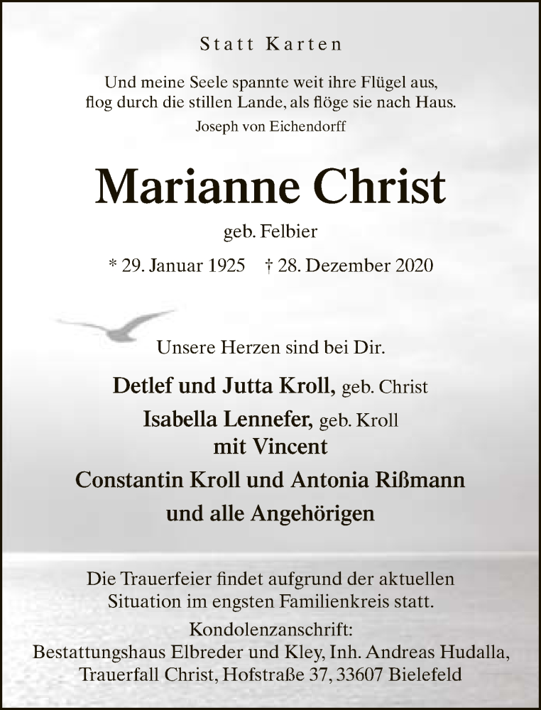  Traueranzeige für Marianne Christ vom 02.01.2021 aus Neue Westfälische