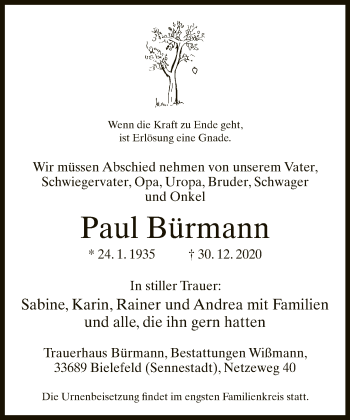 Traueranzeige von Paul Bürmann von Neue Westfälische