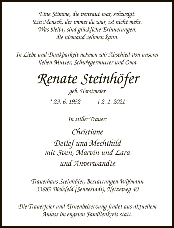 Traueranzeige von Renate Steinhöfer von Neue Westfälische
