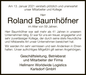 Traueranzeige von Roland Baumhöfner von Neue Westfälische