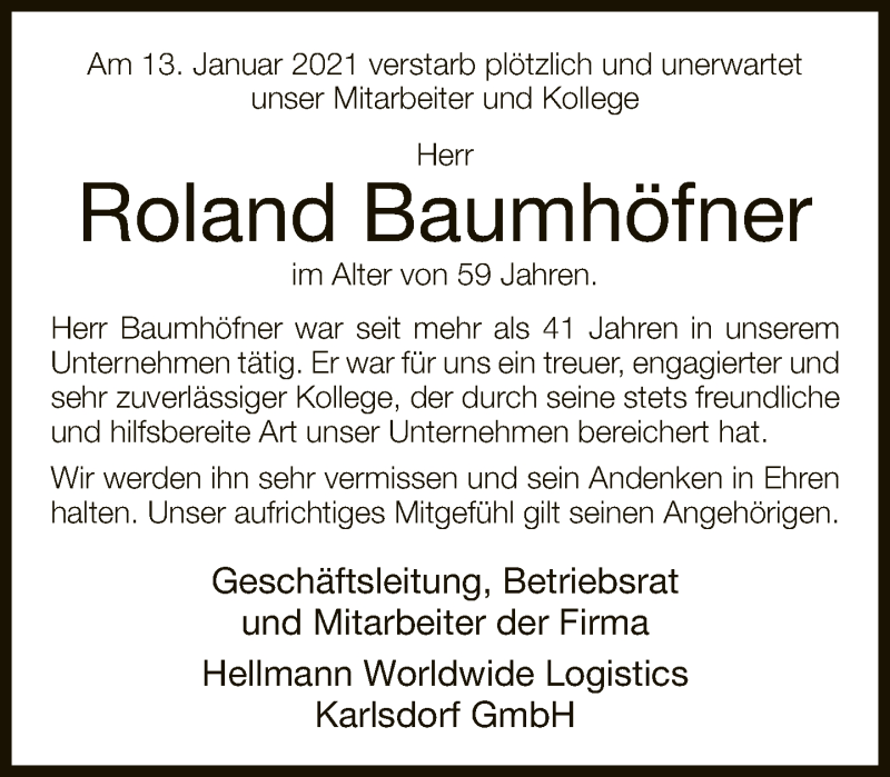  Traueranzeige für Roland Baumhöfner vom 30.01.2021 aus Neue Westfälische