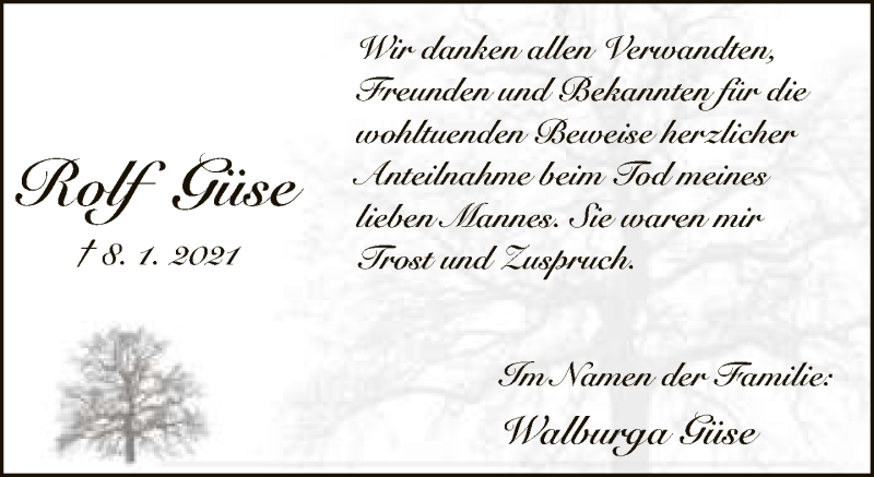  Traueranzeige für Rolf Güse vom 30.01.2021 aus Neue Westfälische