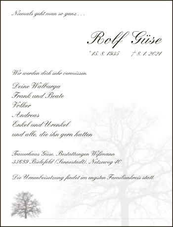Traueranzeige von Rolf Güse von Neue Westfälische