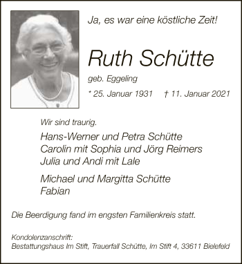 Traueranzeige von Ruth Schütte von Neue Westfälische