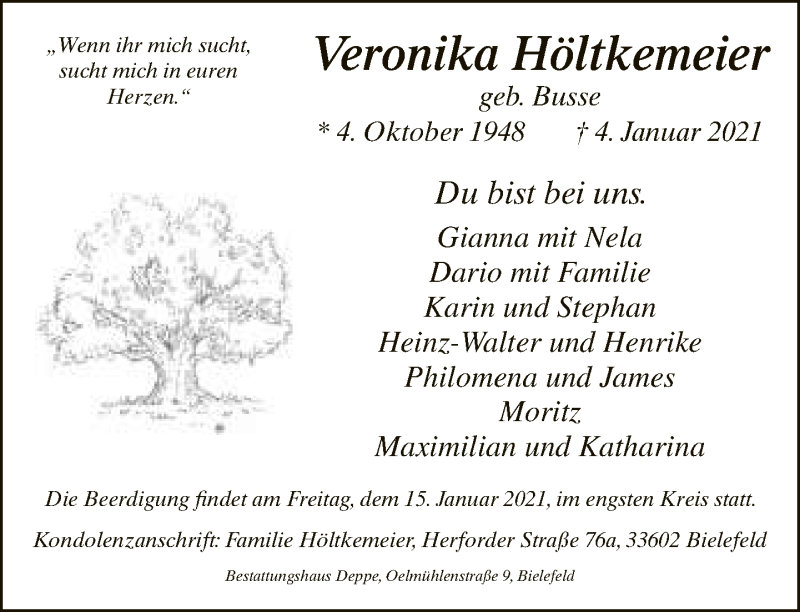  Traueranzeige für Veronika Höltkemeier vom 09.01.2021 aus Neue Westfälische