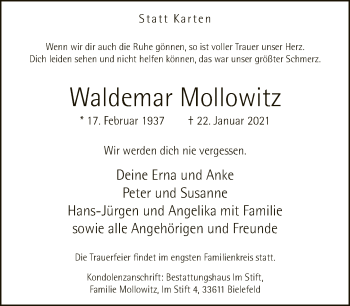 Traueranzeige von Waldemar Mollowitz von Neue Westfälische