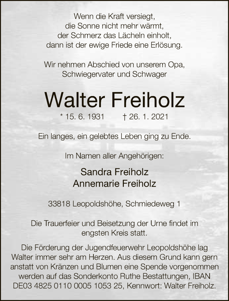  Traueranzeige für Walter Freiholz vom 30.01.2021 aus Neue Westfälische