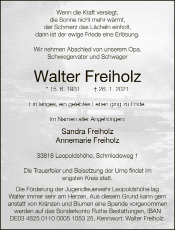 Traueranzeige von Walter Freiholz von Neue Westfälische
